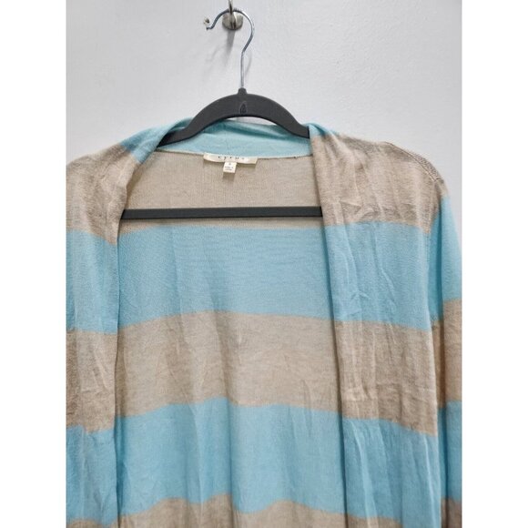 Cyrus Womens Lightweight Longline Cardigan Small Tan Blue Striped Open Front - Picture 2 of 6